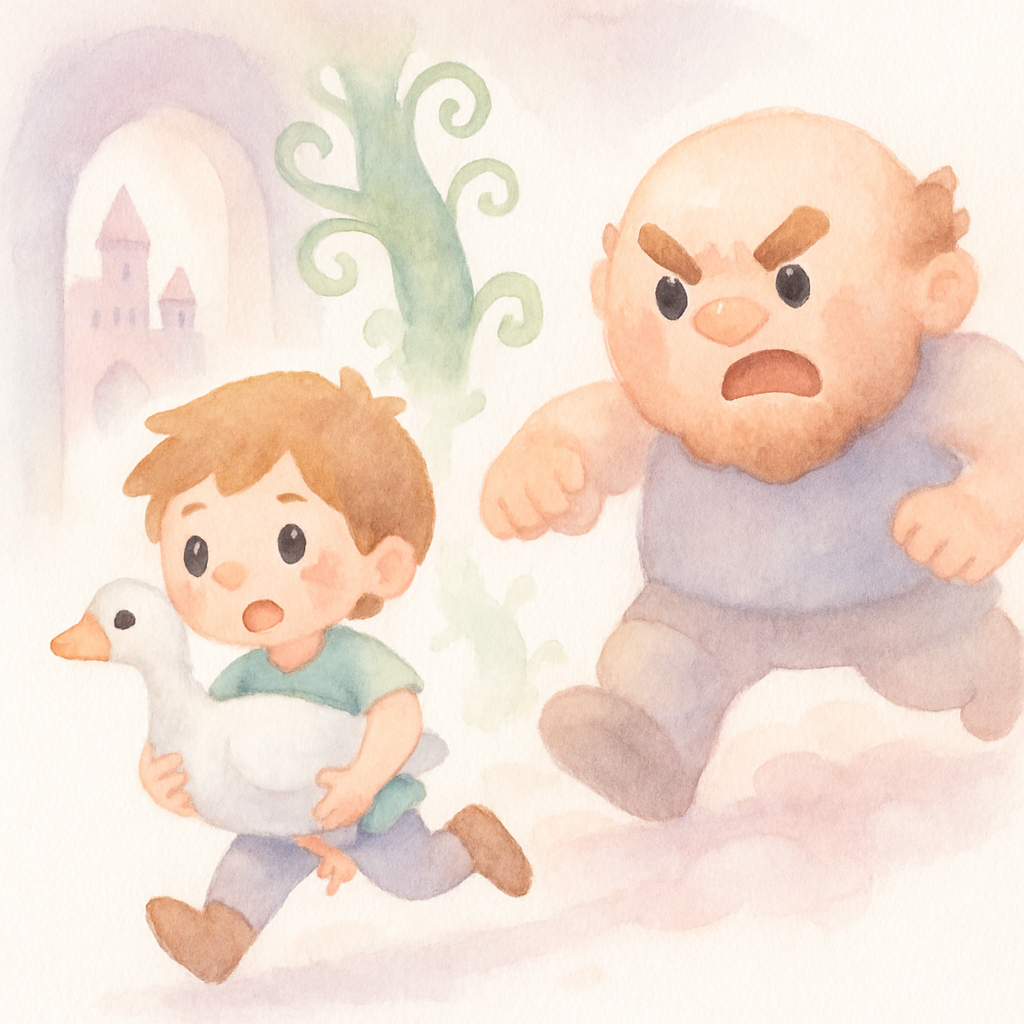 잭이 황금 거위를 안고 도망치는 장면